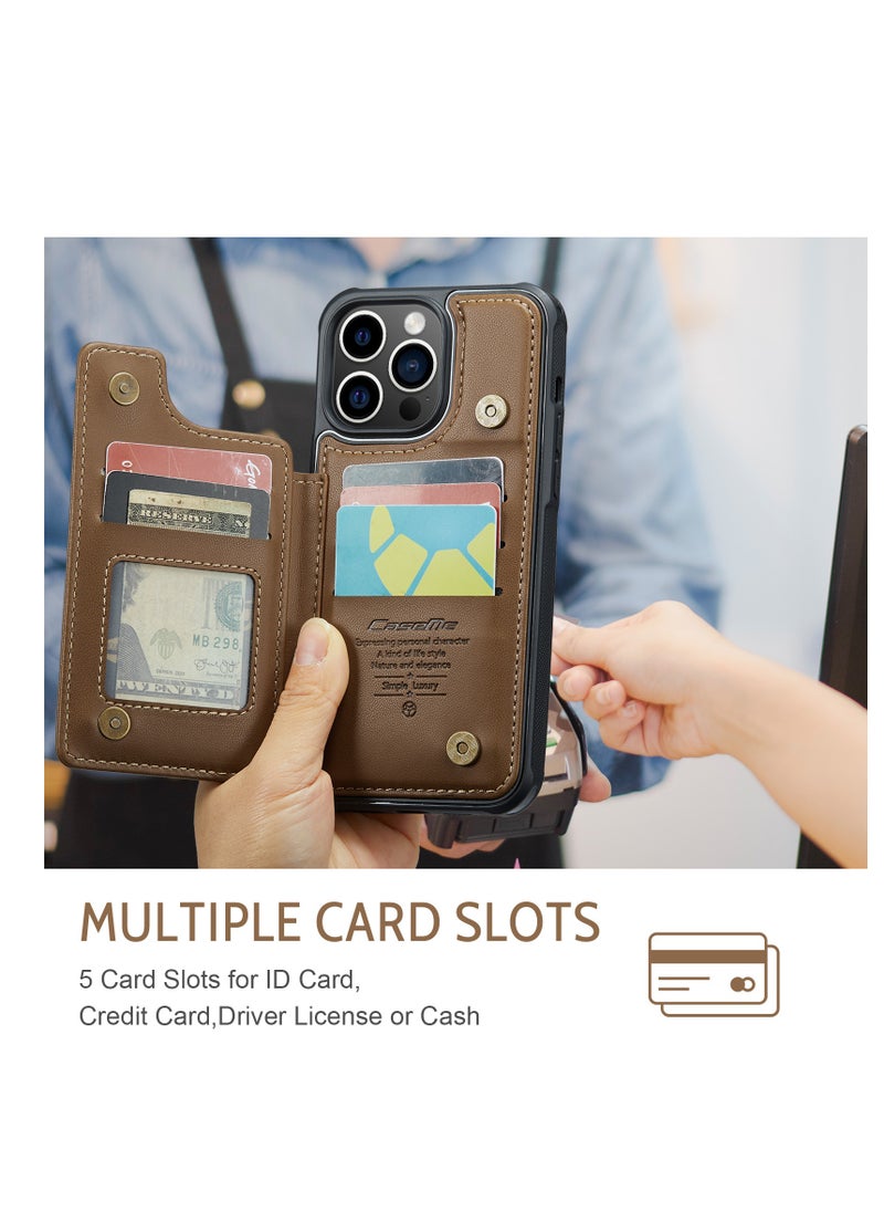 CaseMe - Wallet Case for Apple iPhone 14 Pro Max, Premium Handmade Durable PU Leather Slim Shockproof Case with [Double Magnetic Clasp] [Card Holder] [Kickstand] [RFID Blocking] (Brown) - Image 1