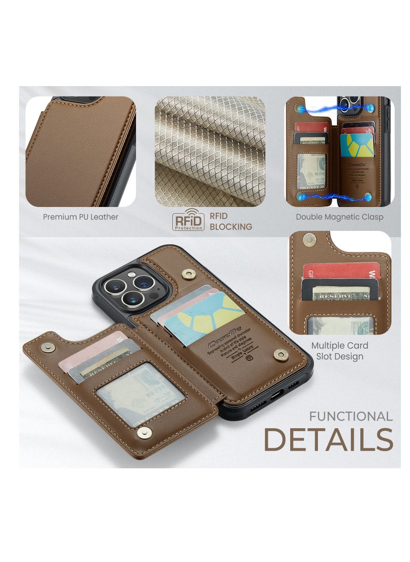CaseMe - Wallet Case for Apple iPhone 14 Pro Max, Premium Handmade Durable PU Leather Slim Shockproof Case with [Double Magnetic Clasp] [Card Holder] [Kickstand] [RFID Blocking] (Brown) - Image 1