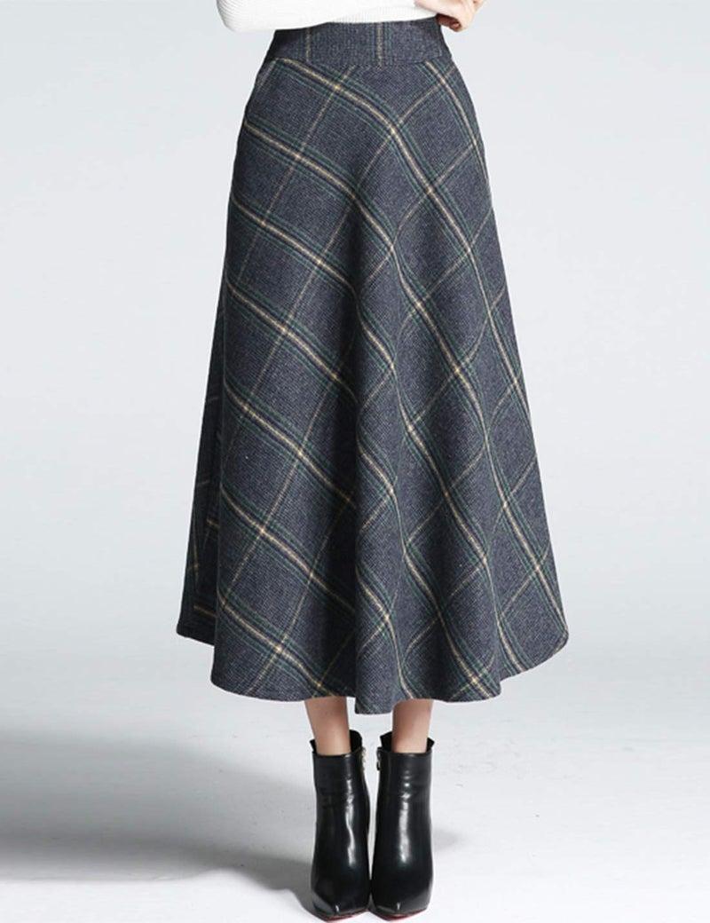 Tanming Women's Winter Warm Elastic Waist Wool Plaid A-Line Pleated Long Skirt (Blue Grey, M) - Image 4