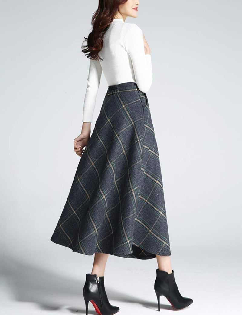 Tanming Women's Winter Warm Elastic Waist Wool Plaid A-Line Pleated Long Skirt (Blue Grey, M) - Image 2