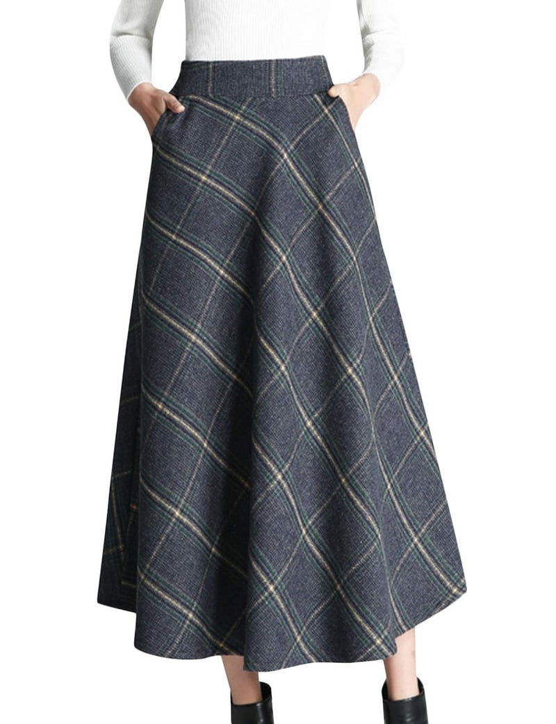 Tanming Women's Winter Warm Elastic Waist Wool Plaid A-Line Pleated Long Skirt (Blue Grey, M) - Image 1