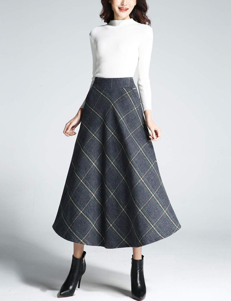 Tanming Women's Winter Warm Elastic Waist Wool Plaid A-Line Pleated Long Skirt (Blue Grey, M) - Image 3