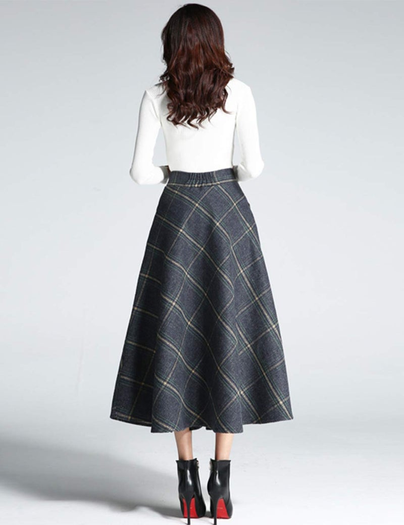 Tanming Women's Winter Warm Elastic Waist Wool Plaid A-Line Pleated Long Skirt (Blue Grey, M) - Image 5