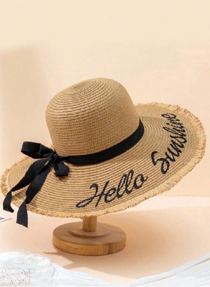 Shein Polyester Wide Brim Sun Hat For Women, Casual Beach Straw Hat With Bowknot & Letter Decor - Image 1