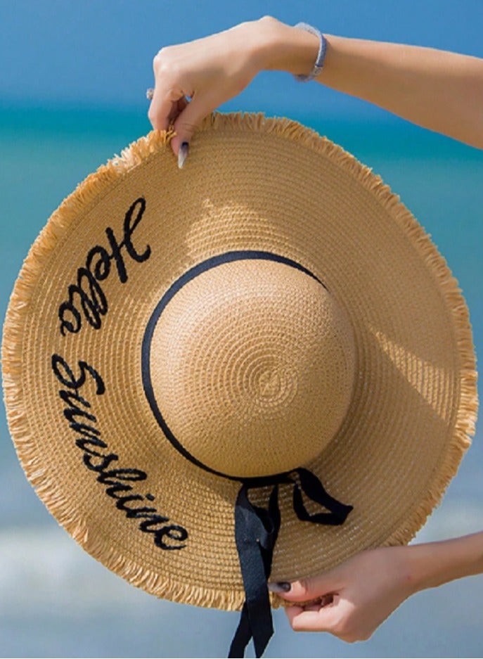 Shein Polyester Wide Brim Sun Hat For Women, Casual Beach Straw Hat With Bowknot & Letter Decor - Image 2