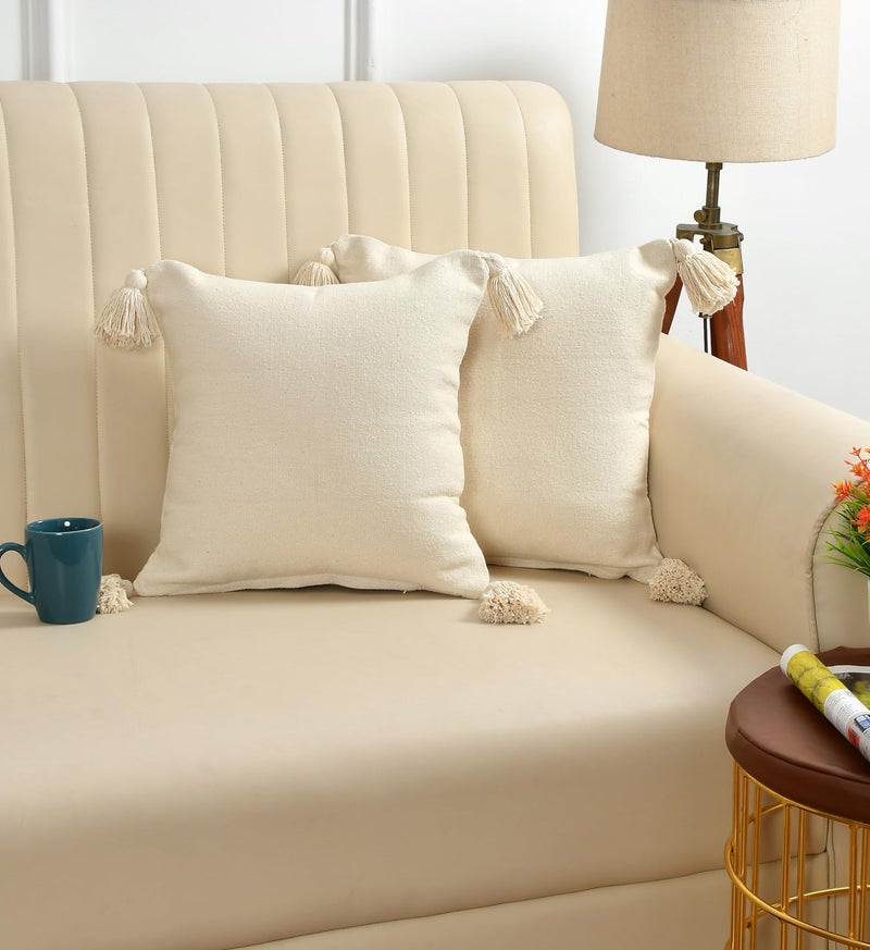 SASHAA WORLD 100% Cotton Cushion Covers with Tassels/Decorative Throw Pillow Set of 2 (45x45 cms, White) - Image 1