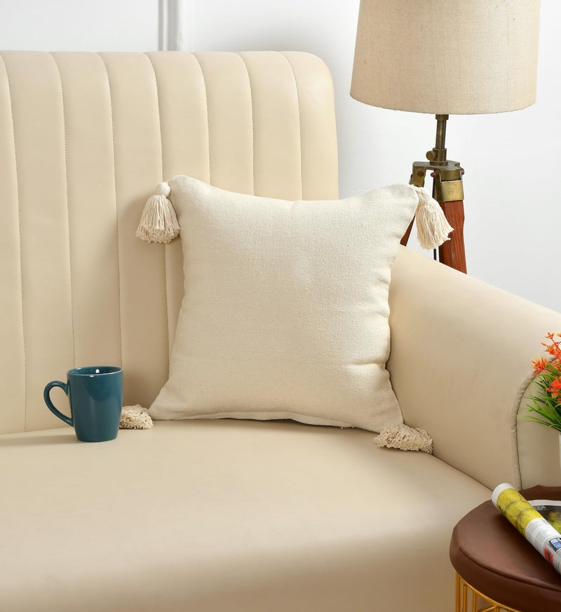 SASHAA WORLD 100% Cotton Cushion Covers with Tassels/Decorative Throw Pillow Set of 2 (45x45 cms, White) - Image 3