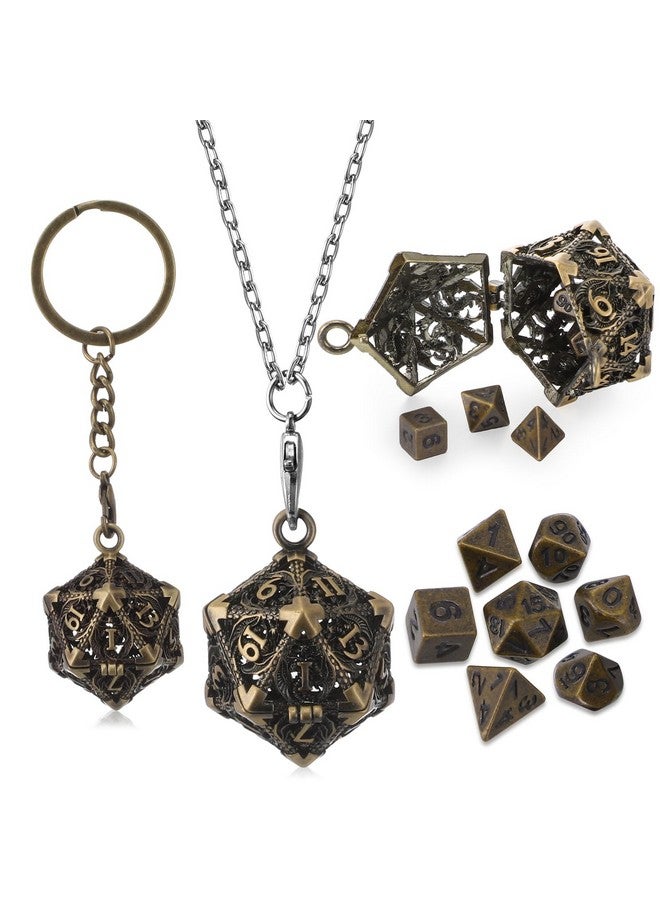 Syhood Syhood Mini Dice Set 7 Pcs Tiny Small Metal Dice Set Hollow D20 Necklace Case Keychain Role Playing Table Games Portable Teacher Gift Mother Gift(Antique Gold)  - Image 1