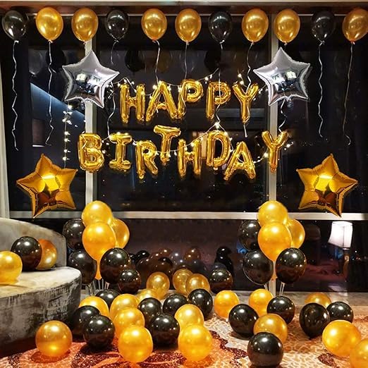 BRIJBAZAAR مجموعة زينة عيد ميلاد سعيدة للأطفال، الأولاد، البنات، زوج، زوجة لحفلة عيد الميلاد/مجموعة زينة بالون معدني ذهبي وأسود/لوازم الحفلات، هدايا الحفلات (عبوة من 57 قطعة) - Image 1