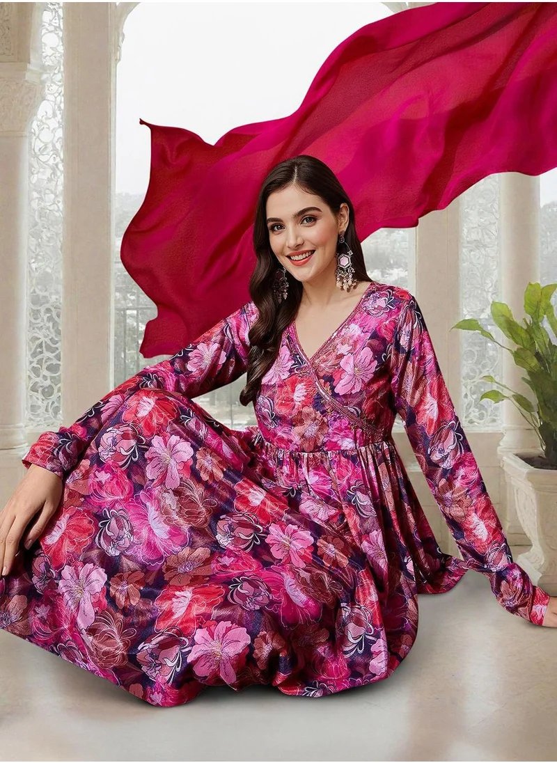 آي شين Women's Multicoloured Chiffon Printed Tunic Full Length Casual Straight Fit Kurta Set