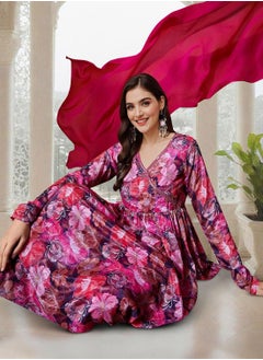 ISHIN Women's Multicoloured Chiffon Printed Tunic Full Length Casual Straight Fit Kurta Set  - Image 1