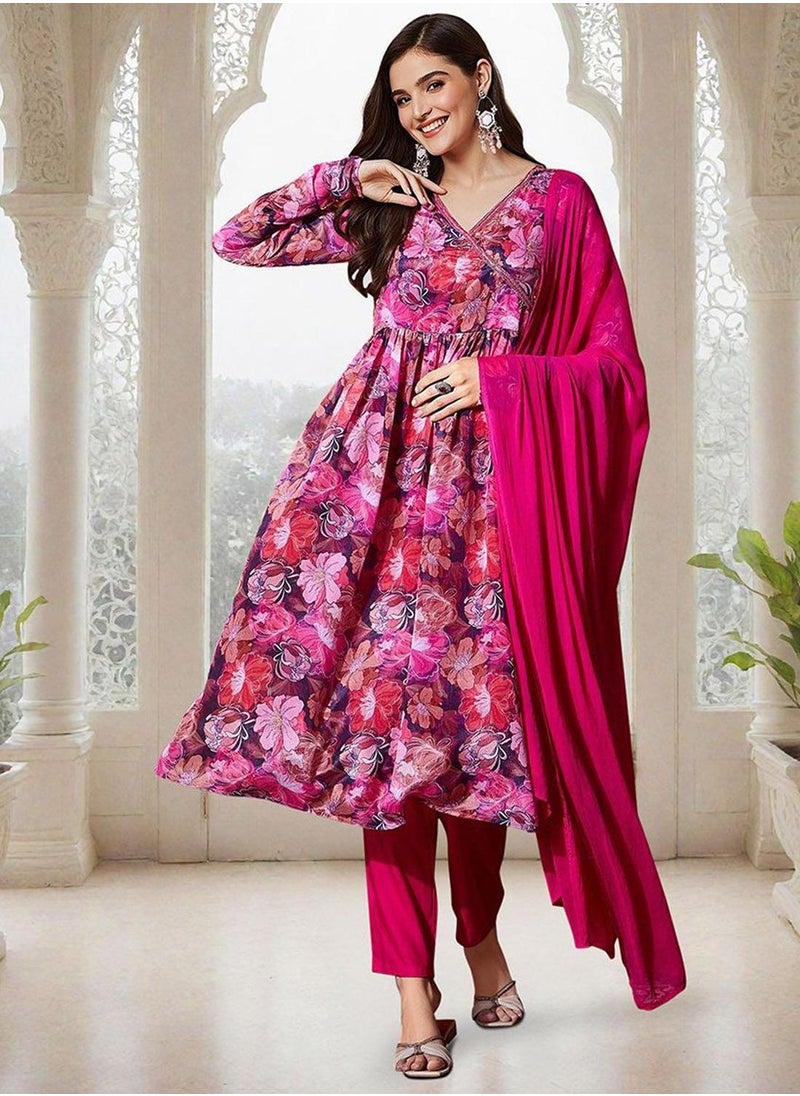 ISHIN Women's Multicoloured Chiffon Printed Tunic Full Length Casual Straight Fit Kurta Set  - Image 2