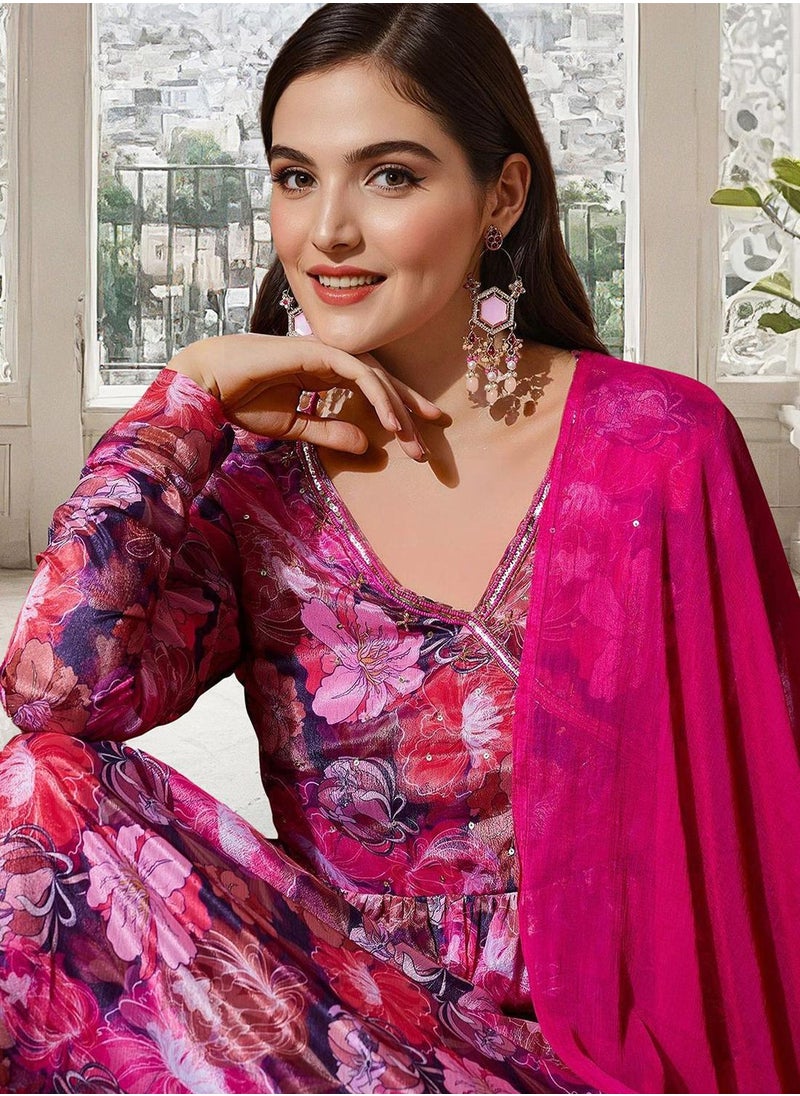 ISHIN Women's Multicoloured Chiffon Printed Tunic Full Length Casual Straight Fit Kurta Set  - Image 3