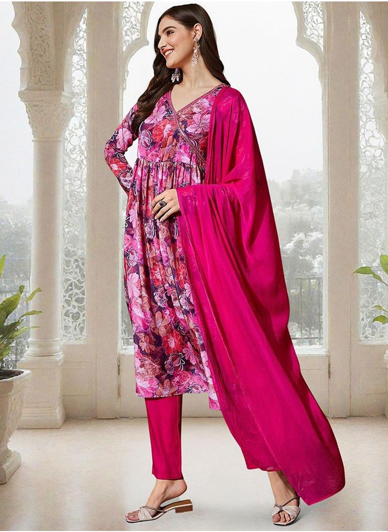 ISHIN Women's Multicoloured Chiffon Printed Tunic Full Length Casual Straight Fit Kurta Set  - Image 5