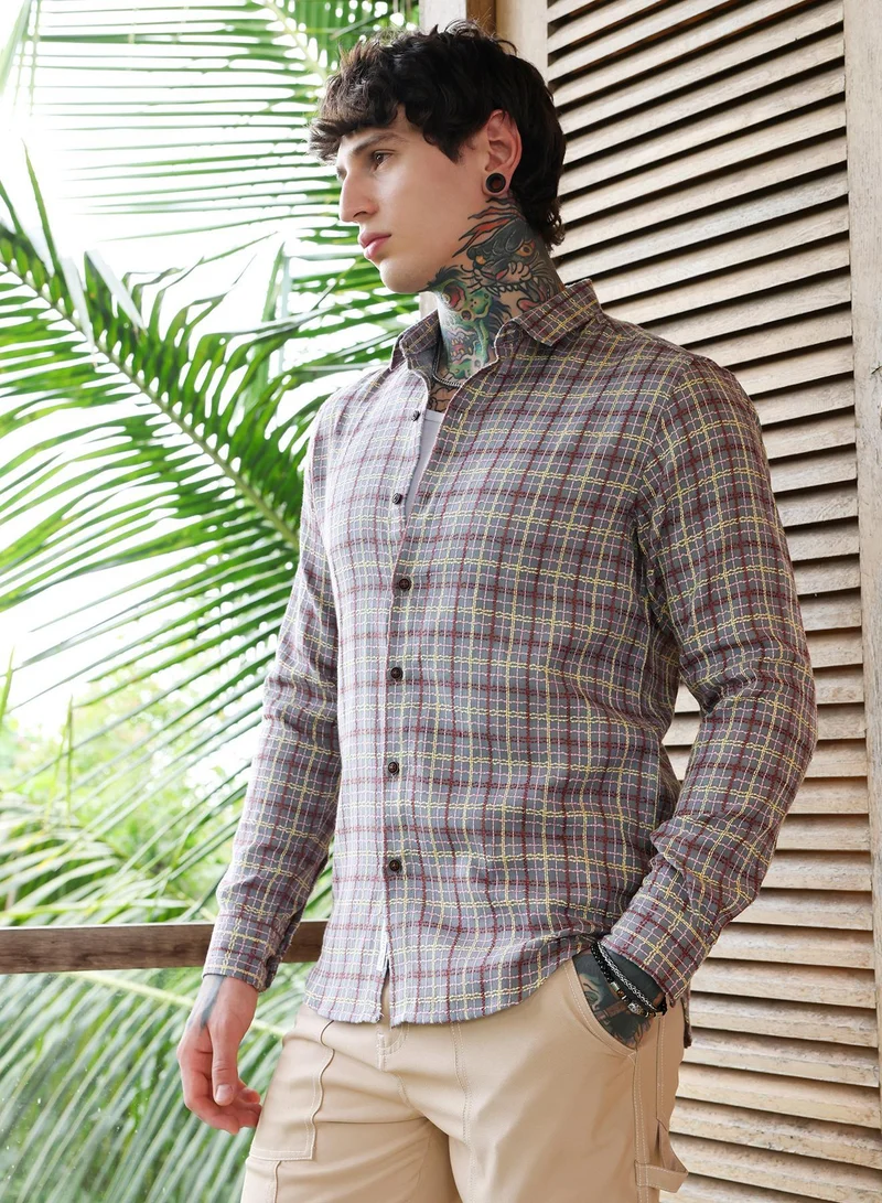 CAHOOT  Men's Coin Grey:Crimson Red Woven Contrast-Check Shirt for Men | Best Price UAE
