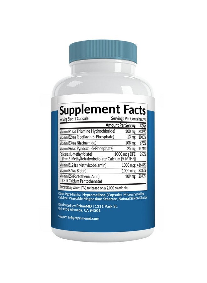 PrimeMD Methylated B Complex with Methylfolate and B12 Methylcobalamin 1000 mcg - Methylated Multivitamin for Energy, Brain Function, and Wellness - Vitamin B Complex for Men & Women (90 Servings) (Pack of 1) - Image 2