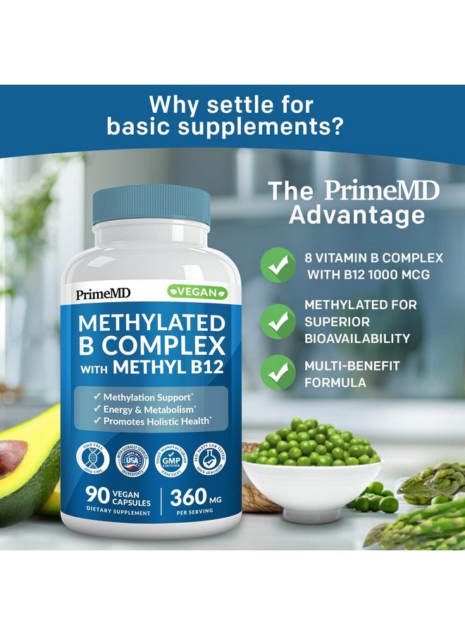 PrimeMD Methylated B Complex with Methylfolate and B12 Methylcobalamin 1000 mcg - Methylated Multivitamin for Energy, Brain Function, and Wellness - Vitamin B Complex for Men & Women (90 Servings) (Pack of 1) - Image 3