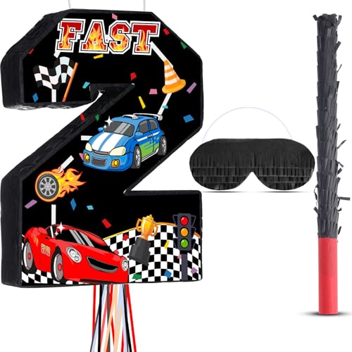 Harrycle Race Car Piata Pull String Cars Piatas for Birthday Party Decorations Number 2 3 4 5 6 with Blindfold Stick Small Red Black Racing Theme 2nd 3rd 4th 5th 6th Party SuppliesNumber 2 - Image 1