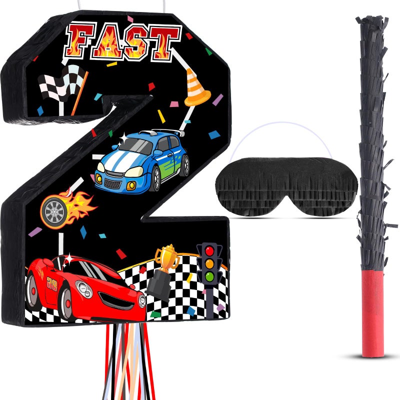 Harrycle Race Car Piata Pull String Cars Piatas for Birthday Party Decorations Number 2 3 4 5 6 with Blindfold Stick Small Red Black Racing Theme 2nd 3rd 4th 5th 6th Party SuppliesNumber 2 - Image 3