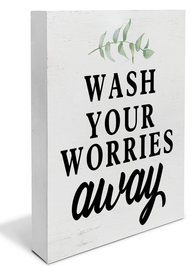 YIDOU Country Wash Your Worries Away Wood Box Sign Decor Desk Sign Bathroom Wooden Box Block Sign Rustic Home Shelf Wall Decoration - Image 1
