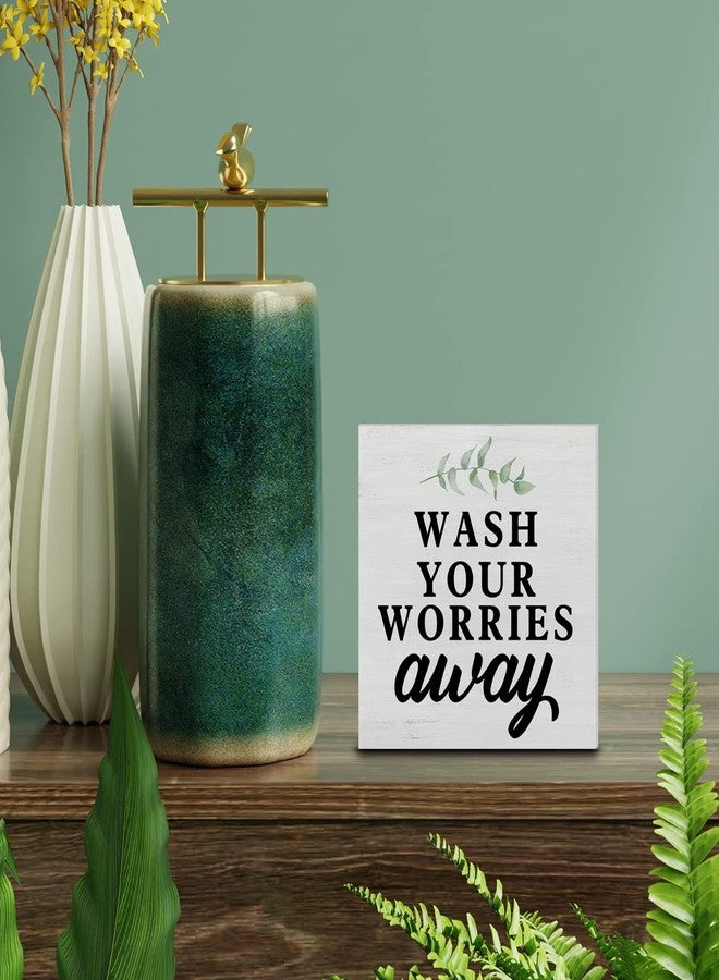 YIDOU Country Wash Your Worries Away Wood Box Sign Decor Desk Sign Bathroom Wooden Box Block Sign Rustic Home Shelf Wall Decoration - Image 3