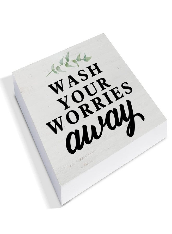 YIDOU Country Wash Your Worries Away Wood Box Sign Decor Desk Sign Bathroom Wooden Box Block Sign Rustic Home Shelf Wall Decoration - Image 2