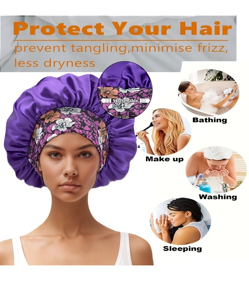Women Large Wide Brim Sleep Cap for Straight Curly Hair Black - Image 2
