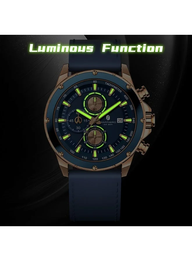 Sapphero  Sapphero Watches Men's  Waterproof Men's Watch Men's Watches Chronograph Black/Blue Leather Silver/Black/Rose Gold Case Black/Blue Dial/Birthday/Father's Day Gift for Men | Best Price UAE