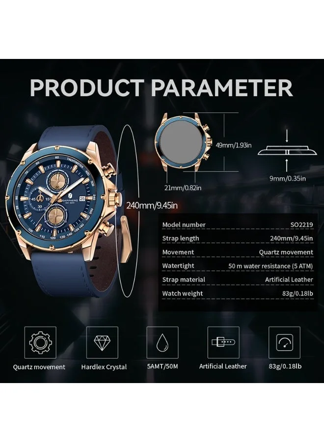 Sapphero  Sapphero Watches Men's  Waterproof Men's Watch Men's Watches Chronograph Black/Blue Leather Silver/Black/Rose Gold Case Black/Blue Dial/Birthday/Father's Day Gift for Men | Best Price UAE
