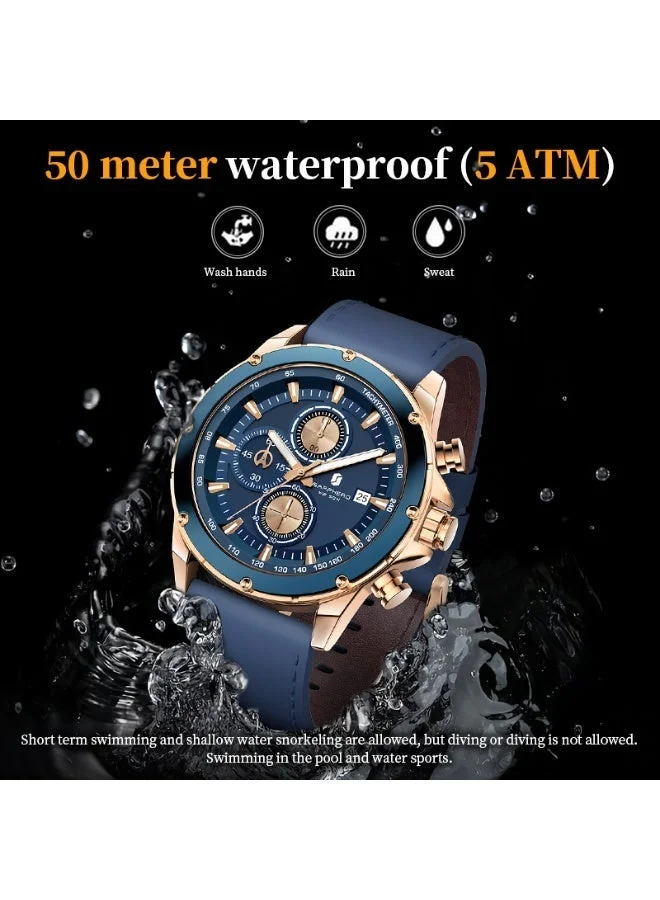 Sapphero  Sapphero Watches Men's  Waterproof Men's Watch Men's Watches Chronograph Black/Blue Leather Silver/Black/Rose Gold Case Black/Blue Dial/Birthday/Father's Day Gift for Men | Best Price UAE