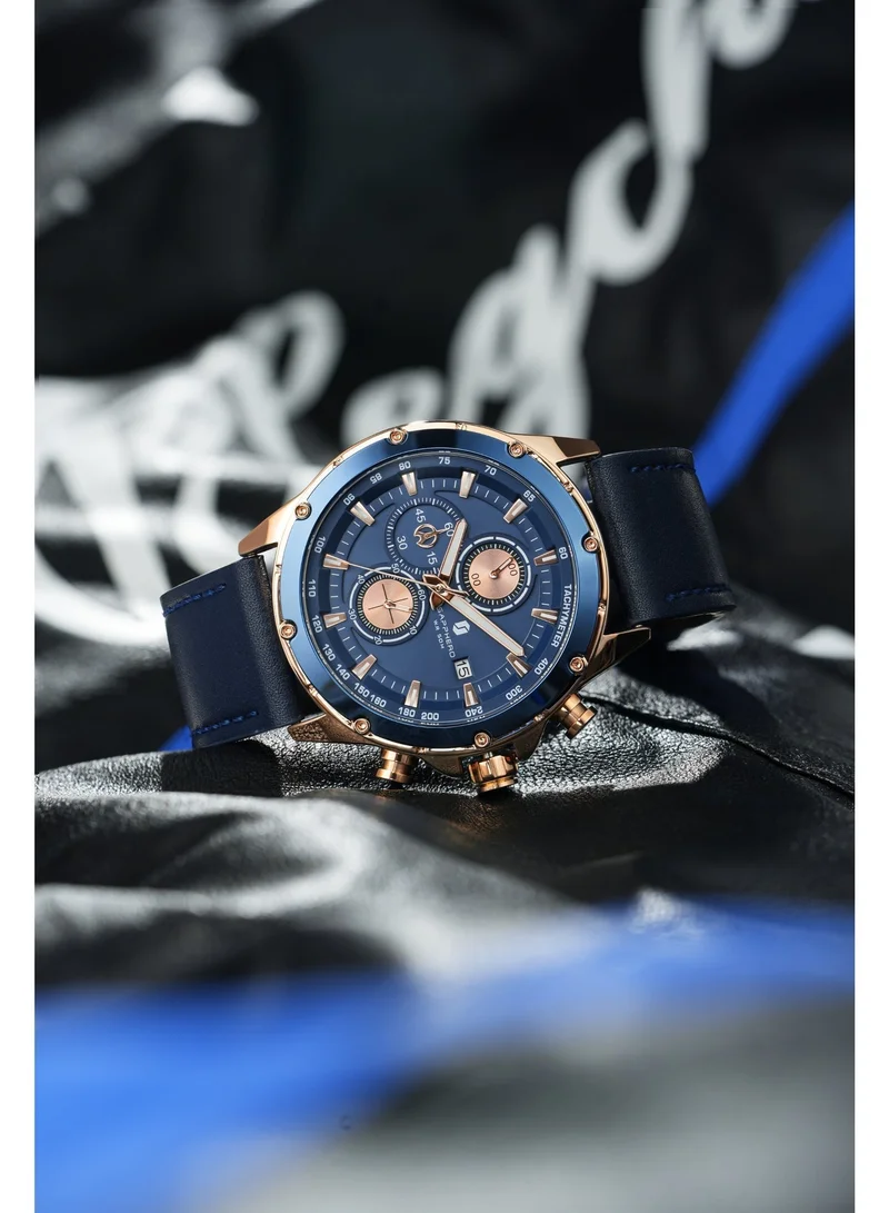 Sapphero  Sapphero Watches Men's  Waterproof Men's Watch Men's Watches Chronograph Black/Blue Leather Silver/Black/Rose Gold Case Black/Blue Dial/Birthday/Father's Day Gift for Men | Best Price UAE
