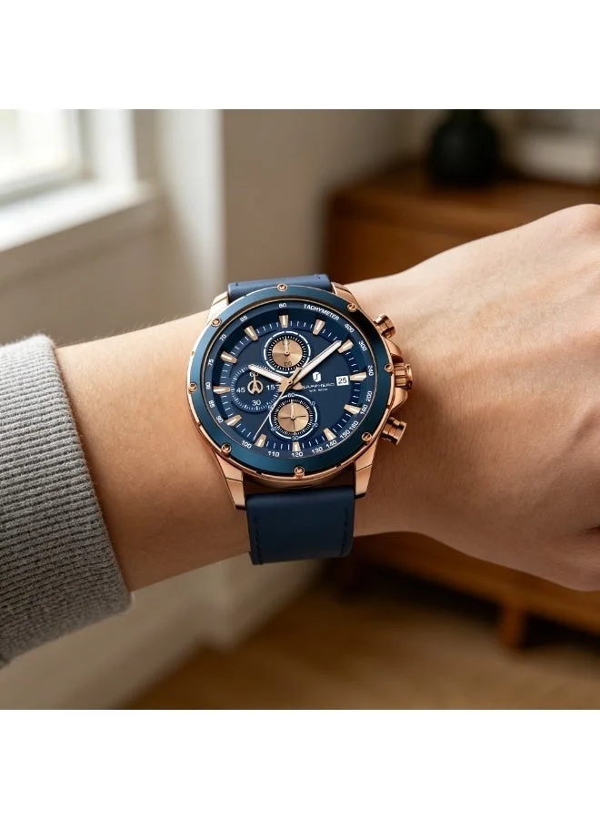 Sapphero  Sapphero Watches Men's  Waterproof Men's Watch Men's Watches Chronograph Black/Blue Leather Silver/Black/Rose Gold Case Black/Blue Dial/Birthday/Father's Day Gift for Men | Best Price UAE