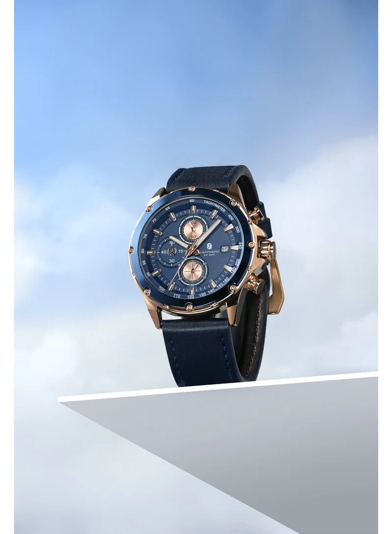 Sapphero  Sapphero Watches Men's  Waterproof Men's Watch Men's Watches Chronograph Black/Blue Leather Silver/Black/Rose Gold Case Black/Blue Dial/Birthday/Father's Day Gift for Men | Best Price UAE
