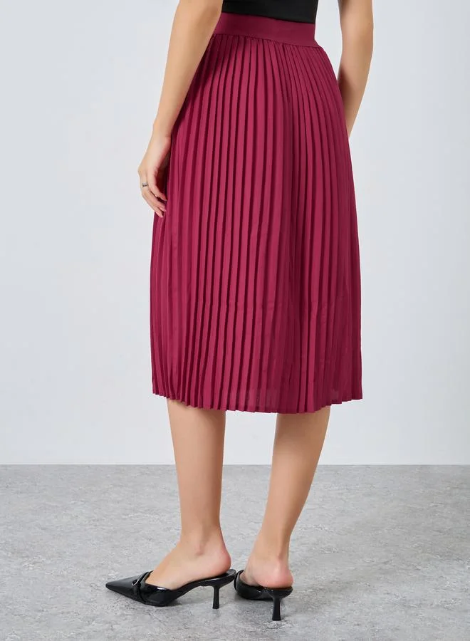 Styli Burgundy Solid Accordion Pleated A-Line Midi Skirt
