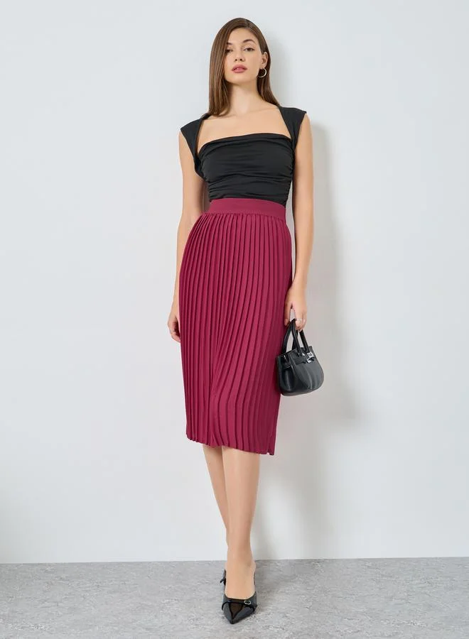 Styli Burgundy Solid Accordion Pleated A-Line Midi Skirt
