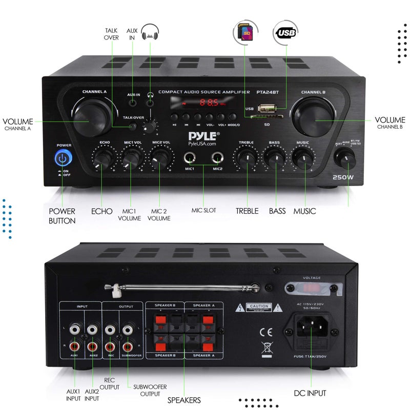 Pyle 2-Channel Bluetooth Home Stereo Amplifier - 250W Wireless Audio Receiver, Karaoke Optimized: Dual Mic In with Echo, Mic Talk-Over, FM Radio, USB-A MP3 Player, RCA, AUX, Remote Ctrl - PTA24BT - Image 2