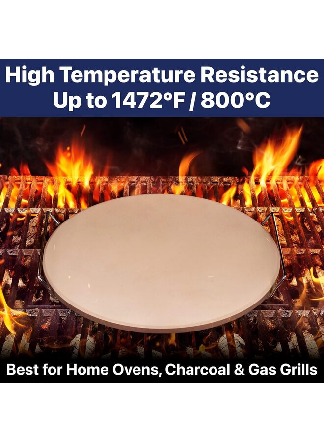 يُسلِّم حجر بيتزا للفرن والشواية بمقابض - طقم حجر خبز من الكورديرايت الطبيعي مع رف من الفولاذ المقاوم للصدأ (مقاوم لدرجة حرارة 1500 درجة فهرنهايت، دائري، كبير) - Image 3