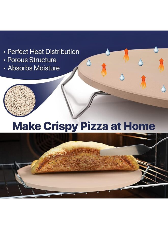 يُسلِّم حجر بيتزا للفرن والشواية بمقابض - طقم حجر خبز من الكورديرايت الطبيعي مع رف من الفولاذ المقاوم للصدأ (مقاوم لدرجة حرارة 1500 درجة فهرنهايت، دائري، كبير) - Image 2