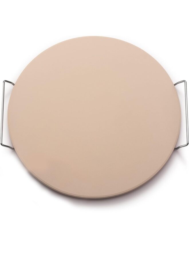 يُسلِّم حجر بيتزا للفرن والشواية بمقابض - طقم حجر خبز من الكورديرايت الطبيعي مع رف من الفولاذ المقاوم للصدأ (مقاوم لدرجة حرارة 1500 درجة فهرنهايت، دائري، كبير) - Image 1