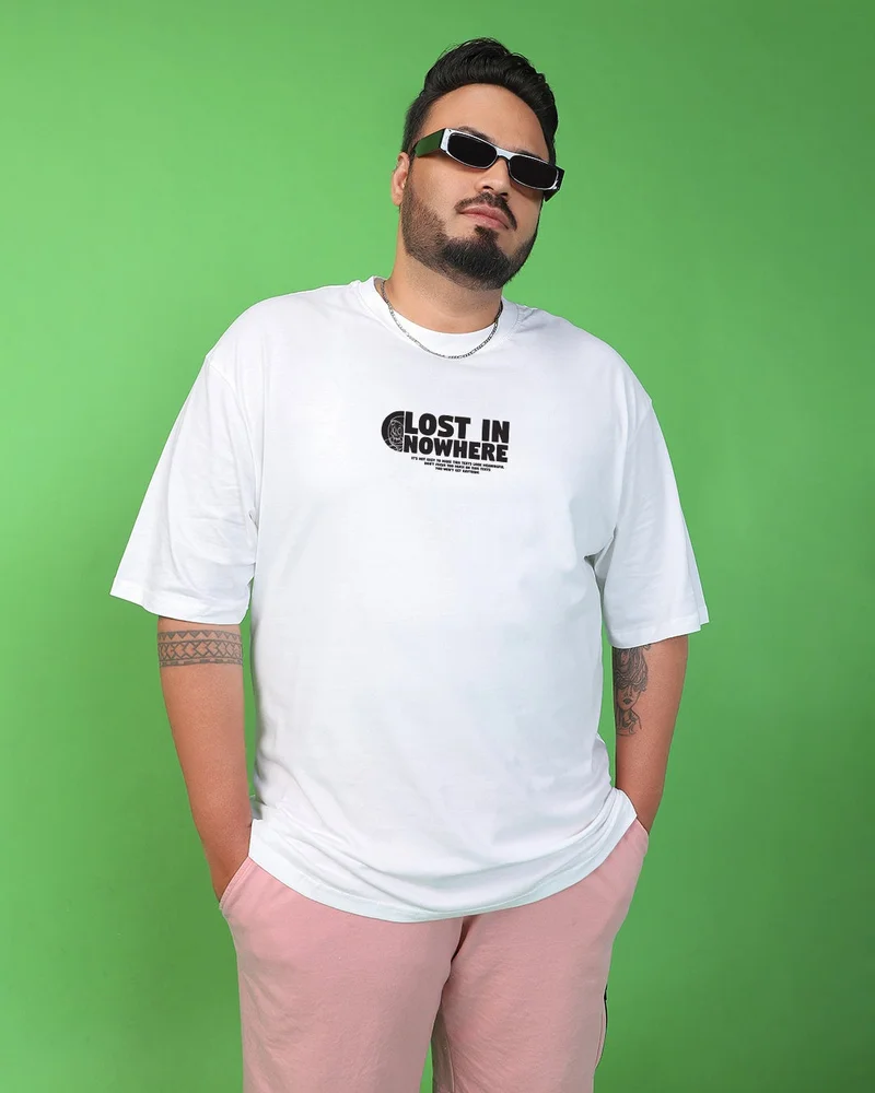 bewakoof Men's White Lost In Nowhere Graphic Printed Oversized Plus Size T-shirt