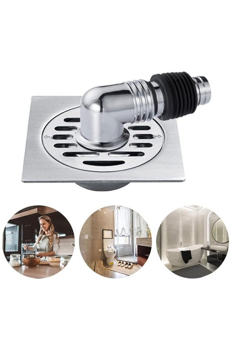 Washing Machine Floor Drain Cover, Bathroom Square Sink Drain Strainers, Easy Clean, Home with Pipe Connector (Silver) - Image 3