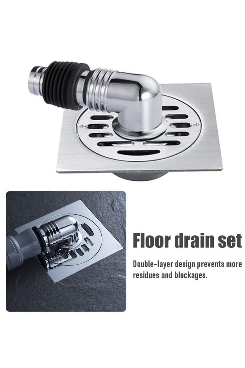 Washing Machine Floor Drain Cover, Bathroom Square Sink Drain Strainers, Easy Clean, Home with Pipe Connector (Silver) - Image 4