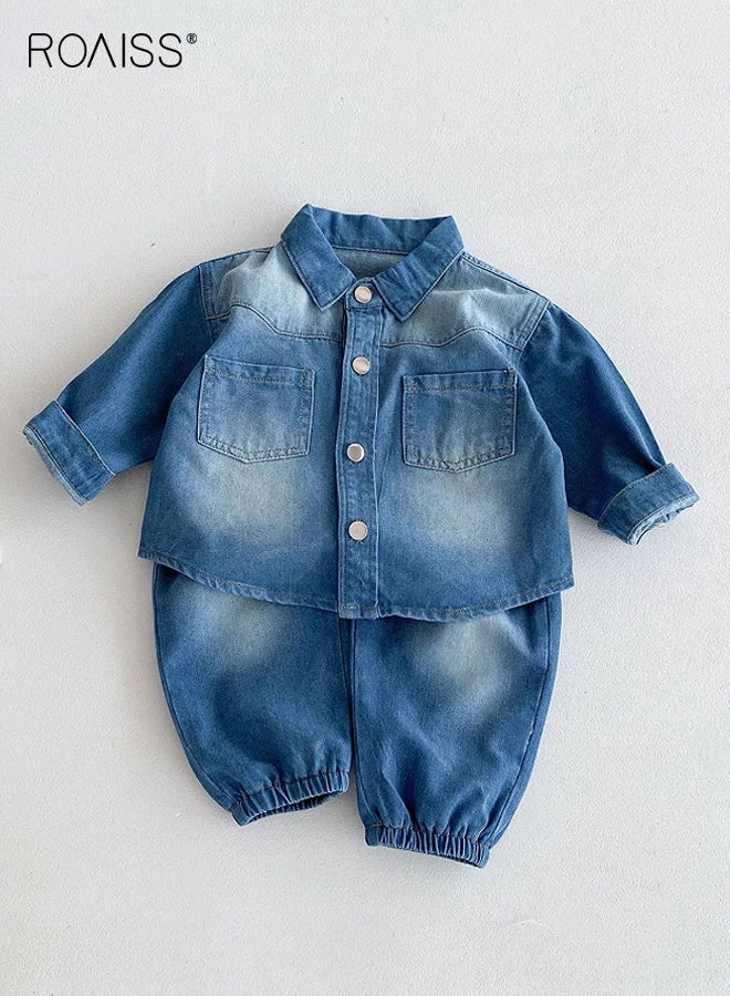 رويس بدلة جينز للأولاد الصغار، ملابس أنيقة للأولاد الصغار لفصلي الربيع والخريف، سترة بأكمام طويلة وأزرار وجينز بخصر مطاطي، طقم ملابس مريح من قطعتين للأولاد، مناسب للارتداء اليومي والأنشطة الخارجية - Image 1