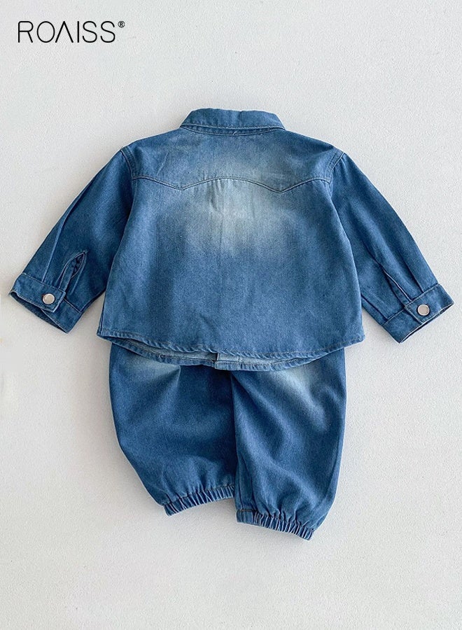 رويس بدلة جينز للأولاد الصغار، ملابس أنيقة للأولاد الصغار لفصلي الربيع والخريف، سترة بأكمام طويلة وأزرار وجينز بخصر مطاطي، طقم ملابس مريح من قطعتين للأولاد، مناسب للارتداء اليومي والأنشطة الخارجية - Image 4