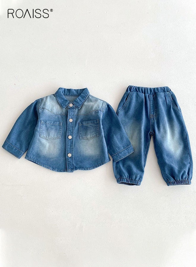 رويس بدلة جينز للأولاد الصغار، ملابس أنيقة للأولاد الصغار لفصلي الربيع والخريف، سترة بأكمام طويلة وأزرار وجينز بخصر مطاطي، طقم ملابس مريح من قطعتين للأولاد، مناسب للارتداء اليومي والأنشطة الخارجية - Image 3