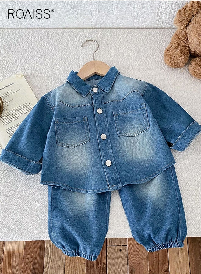 رويس بدلة جينز للأولاد الصغار، ملابس أنيقة للأولاد الصغار لفصلي الربيع والخريف، سترة بأكمام طويلة وأزرار وجينز بخصر مطاطي، طقم ملابس مريح من قطعتين للأولاد، مناسب للارتداء اليومي والأنشطة الخارجية - Image 2
