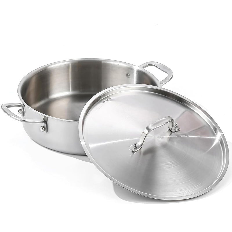 DELARLO TriPly Stainless Steel 5 Quart Braiser Pan with Lid Induction Rondeau Pot With Lid 12inch Deep Frying Pan Large Saute Pan Heavy Duty Style Compatible With All Cooktops Up to 650