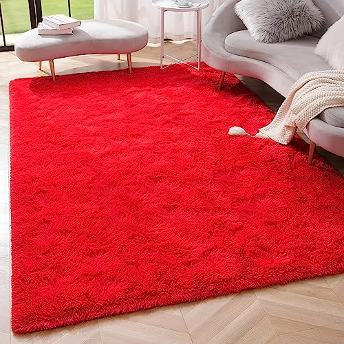 Amearea Premium Soft Area Rug 4x5.3 Feet, Modern Fluffy Rugs for Living Room, Shag Carpet for Bedroom Nursery Playroom Teen Home Decor, Comfortable Indoor Furry Dorm Carpets, Red - Image 1