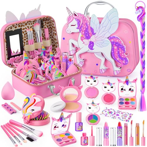 Beayuck Kids Makeup Kit for Girls Girls Makeup Kit Toys Real Washable Cosmetic Set with Storage Case Kids Play Makeup Set for Christmas Birthday Gift 3 4 5 6 8 10 11 12 Years Old Pink - Image 1