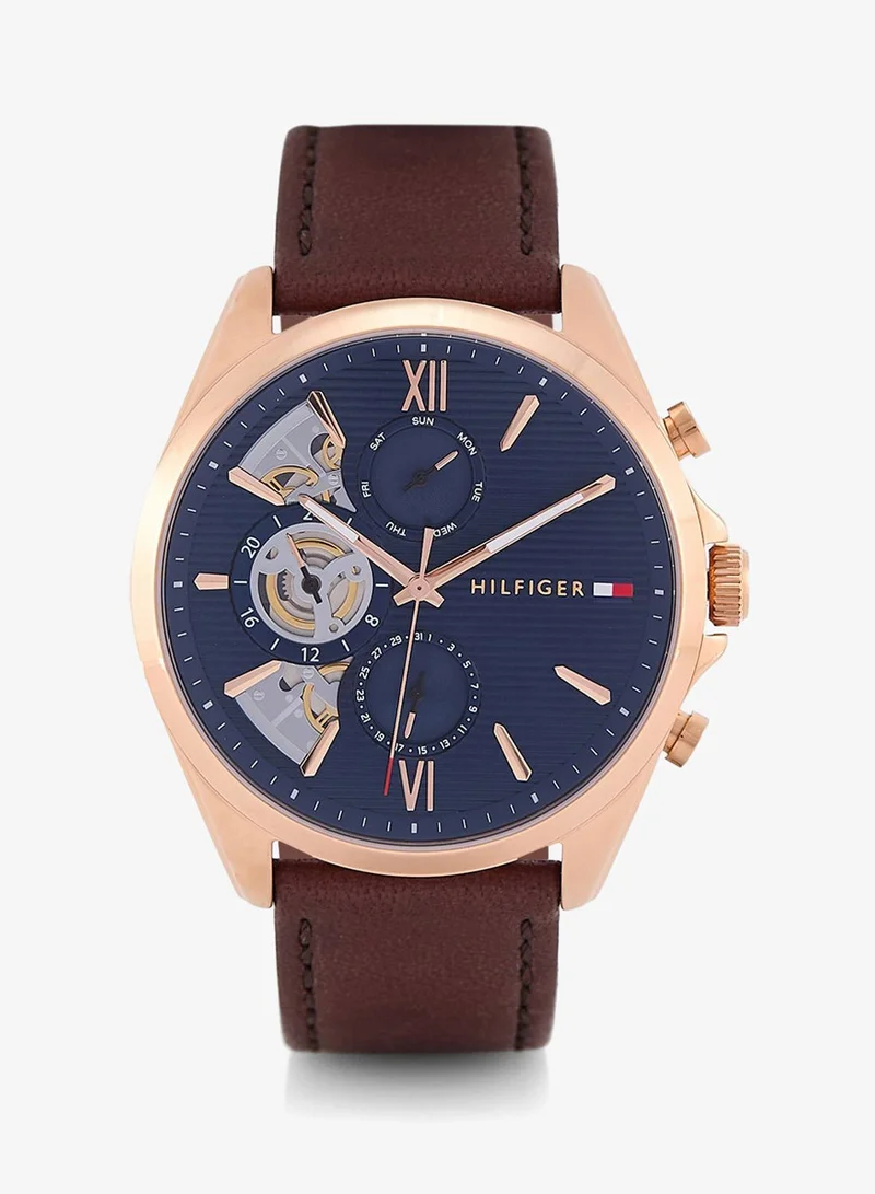 Mens Analog Multifunction Quartz Watch With Brown Leather Strap - 1710645